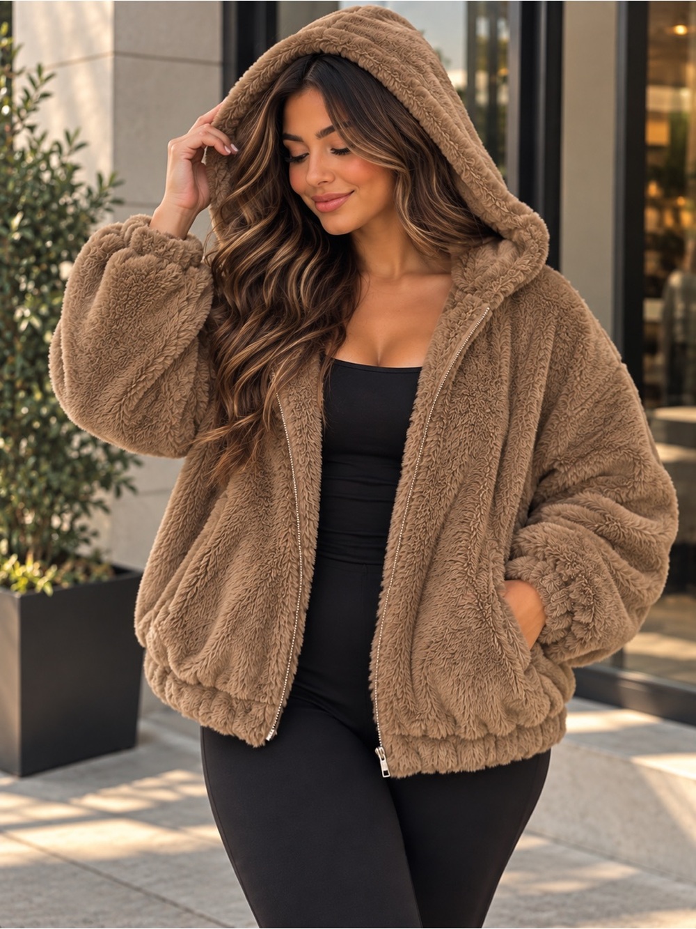 ee:some Women's Plush Faux-Fur Hooded Jacket - Cozy
Oversized Style - Size Large